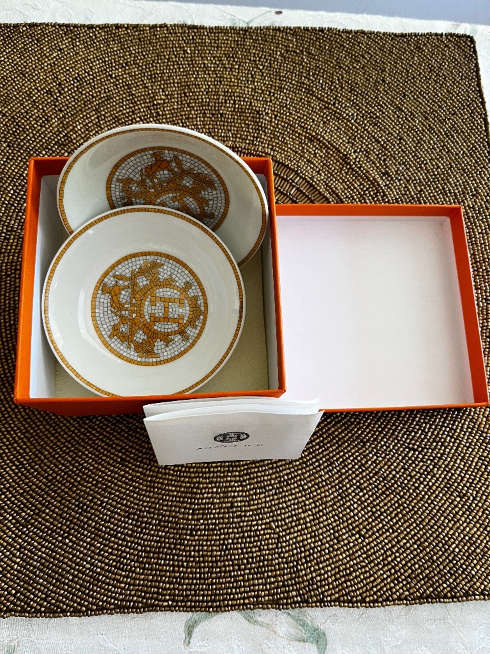 EXCELLENT HERMES "Mosaique au 24" GOLD soy sauce plates 2 pieces